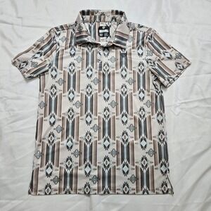 Rock & Roll Denim Polo Shirt Mens Medium Aztec Geometric Print Golf Perfomance